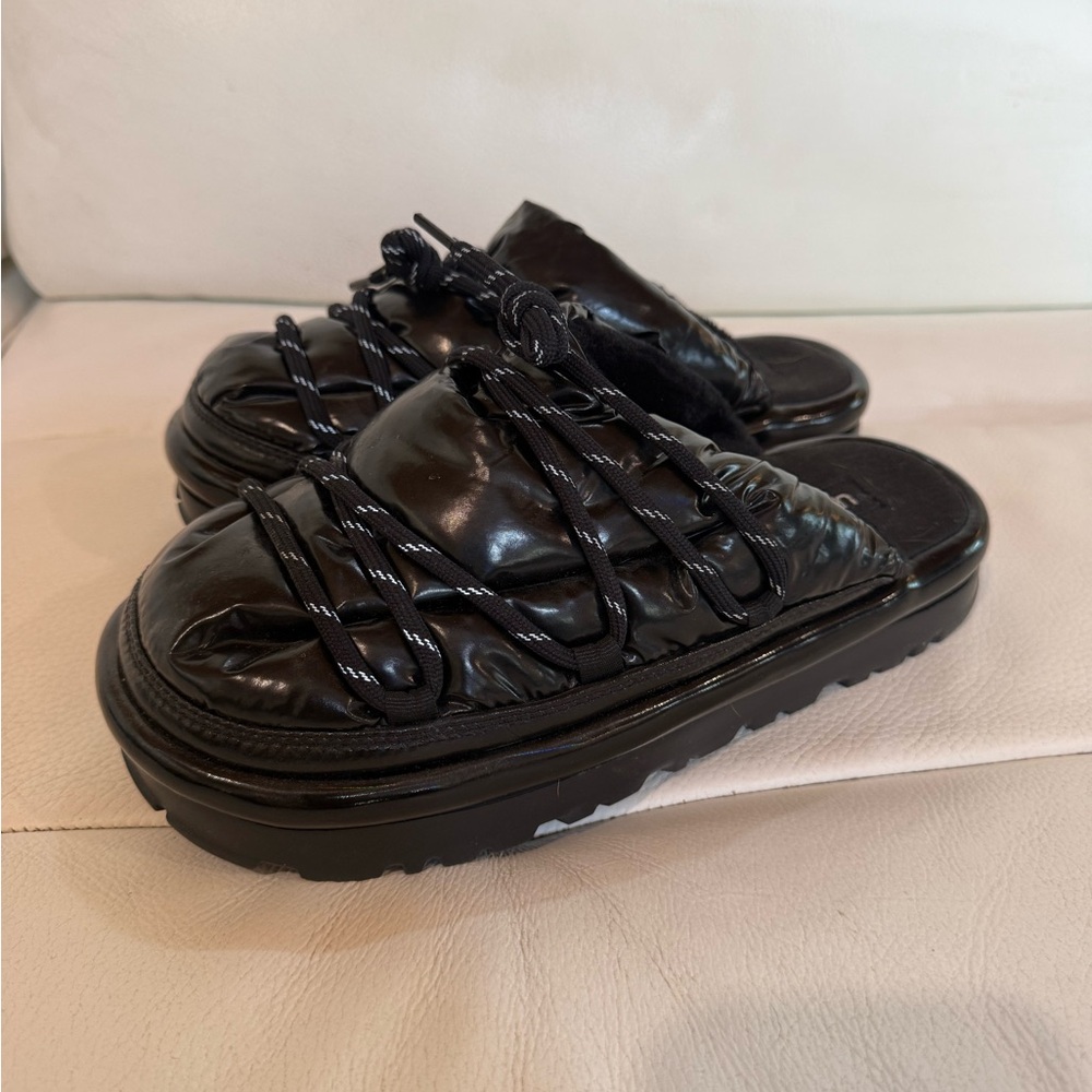 UGG Glossy Black Puffer Slide Sandals with Crisscross Rope